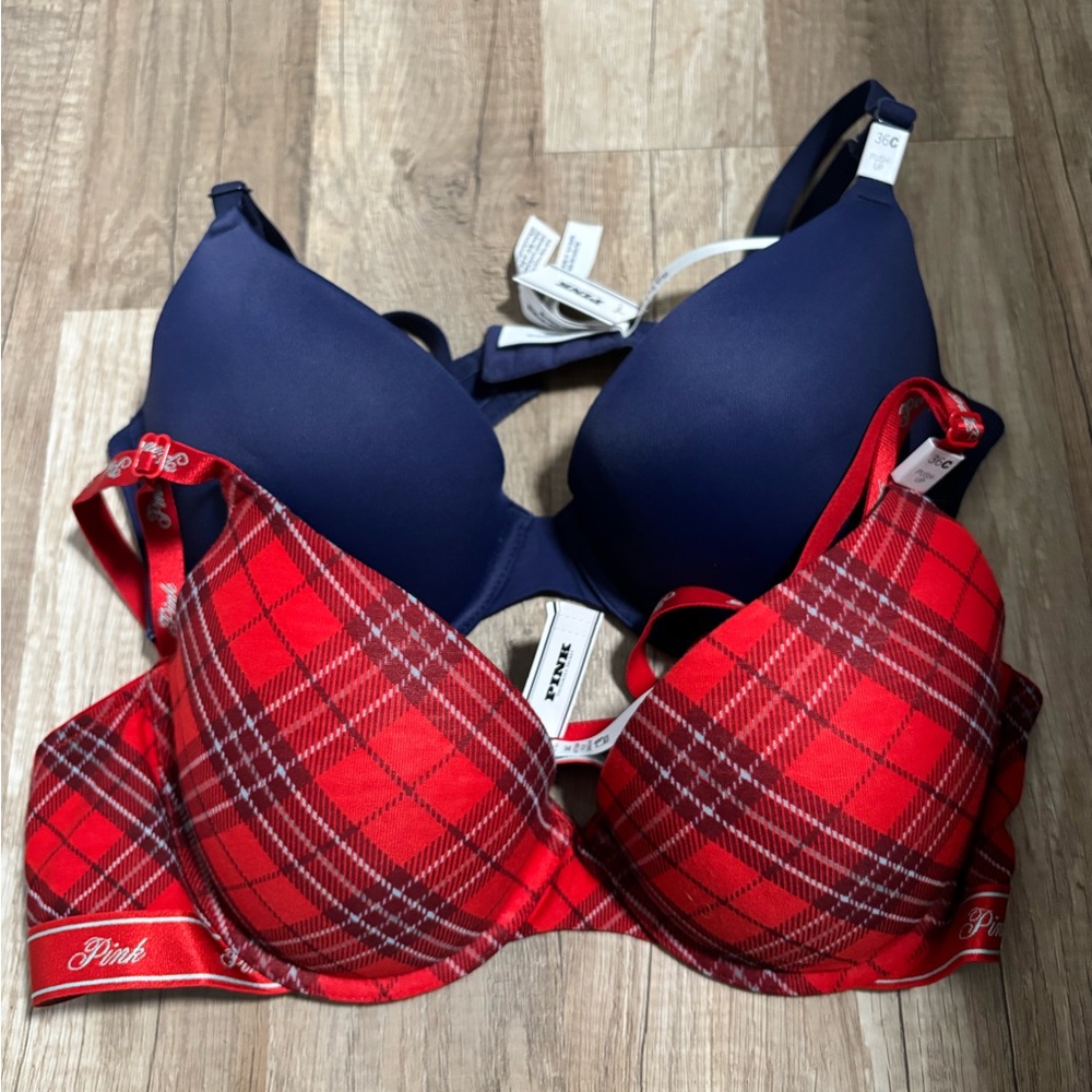PINK Victoria's Secret Red Plaid and Blue Bra Duo